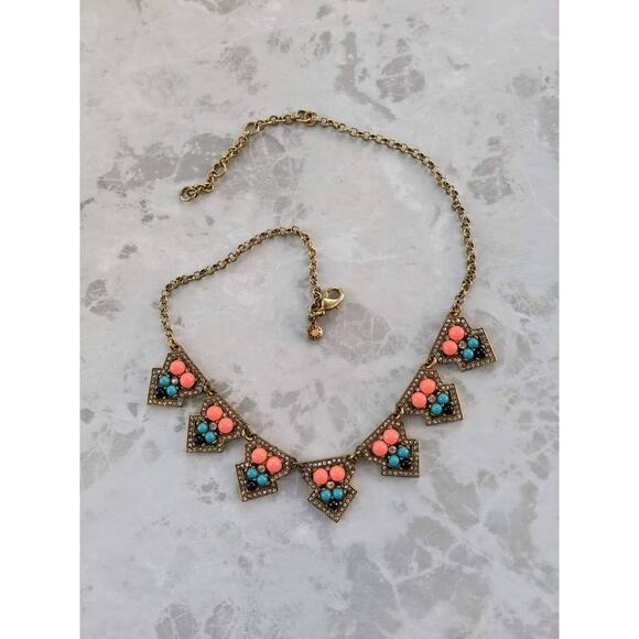 J. Crew antiqued gold tone orange/peach & blue statement necklace, rhinestones - Picture 8 of 11